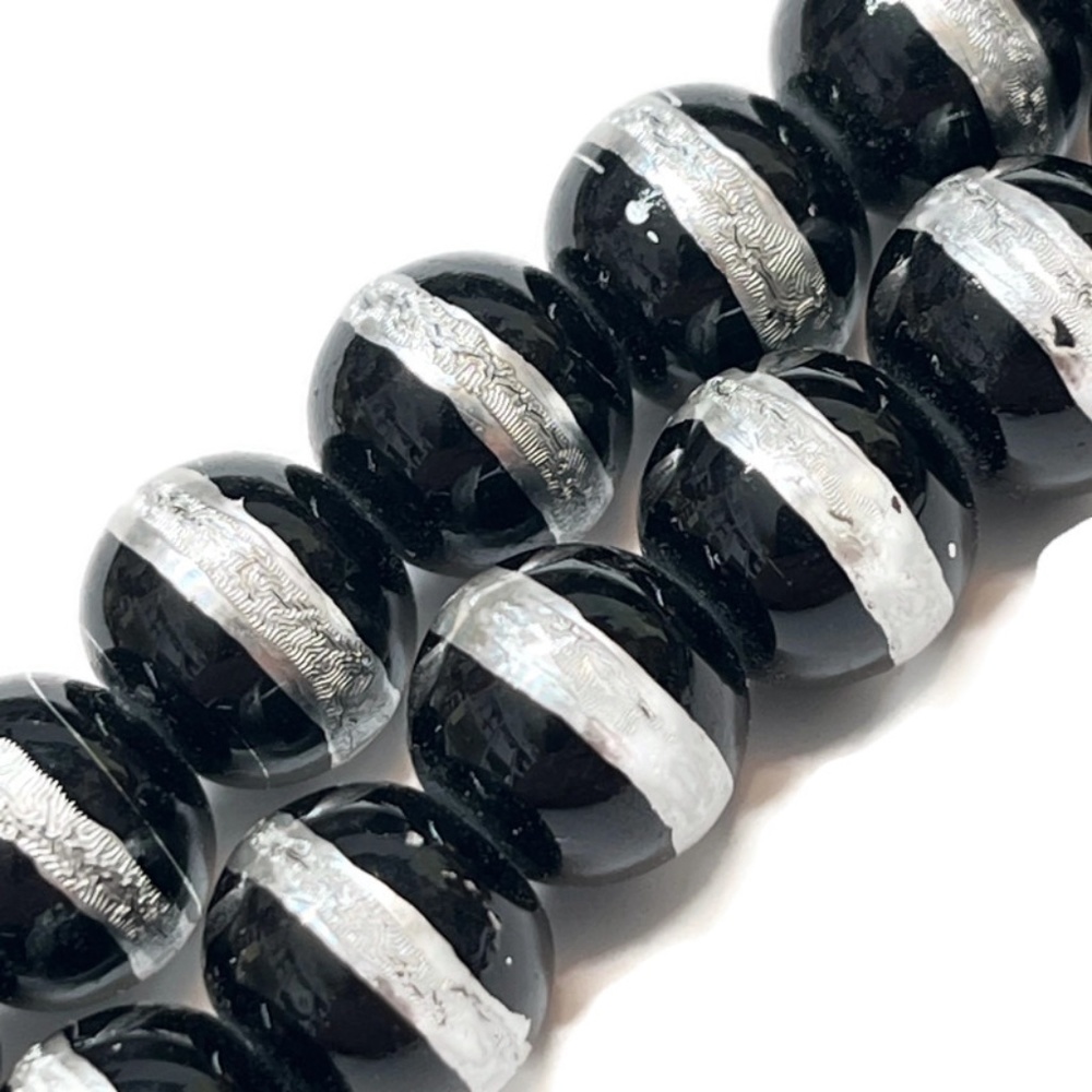 As Low As $2 Jet Black Rounds With A Silver Middle Band Glass Beads 10mm (25)